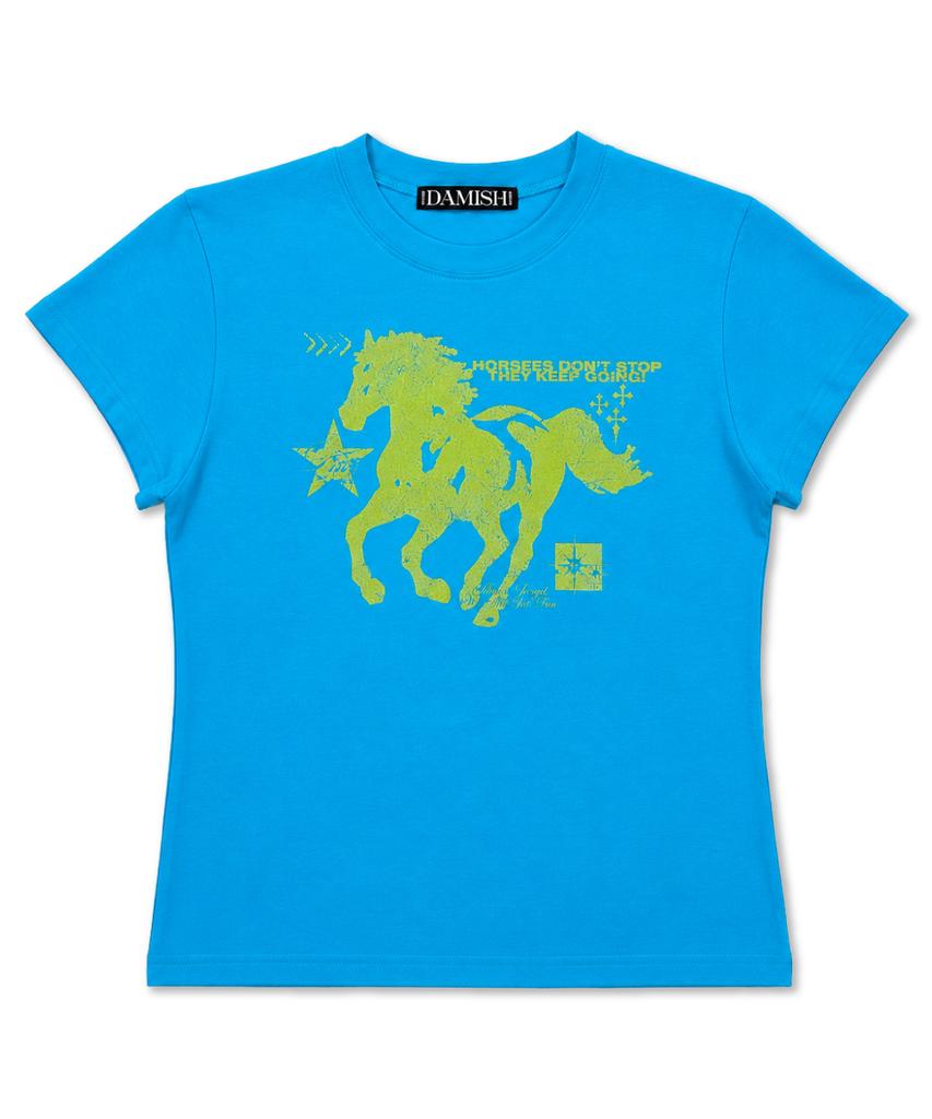Damiswi Horse Graphic Pastel Slim T-Shirt_Blue