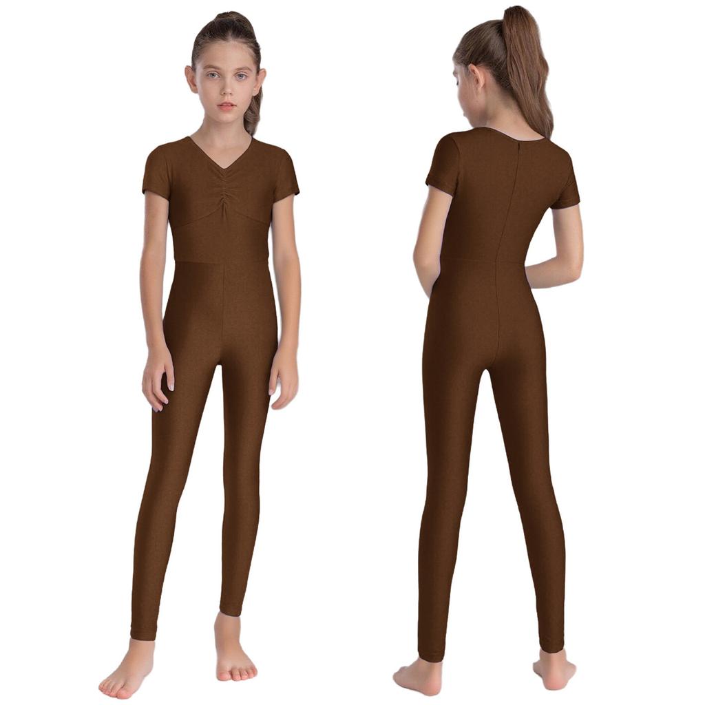Kids Ballet Bodysuit V Neck Short Sleeve Ruched Front Leotard with Back Invisible Zipper for Gymnastics Figure Skating Performance