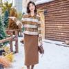 Stylish Winter Color Block Lapel Duck Down Coat & Skirt Two-Piece Set with Belt YJ6806