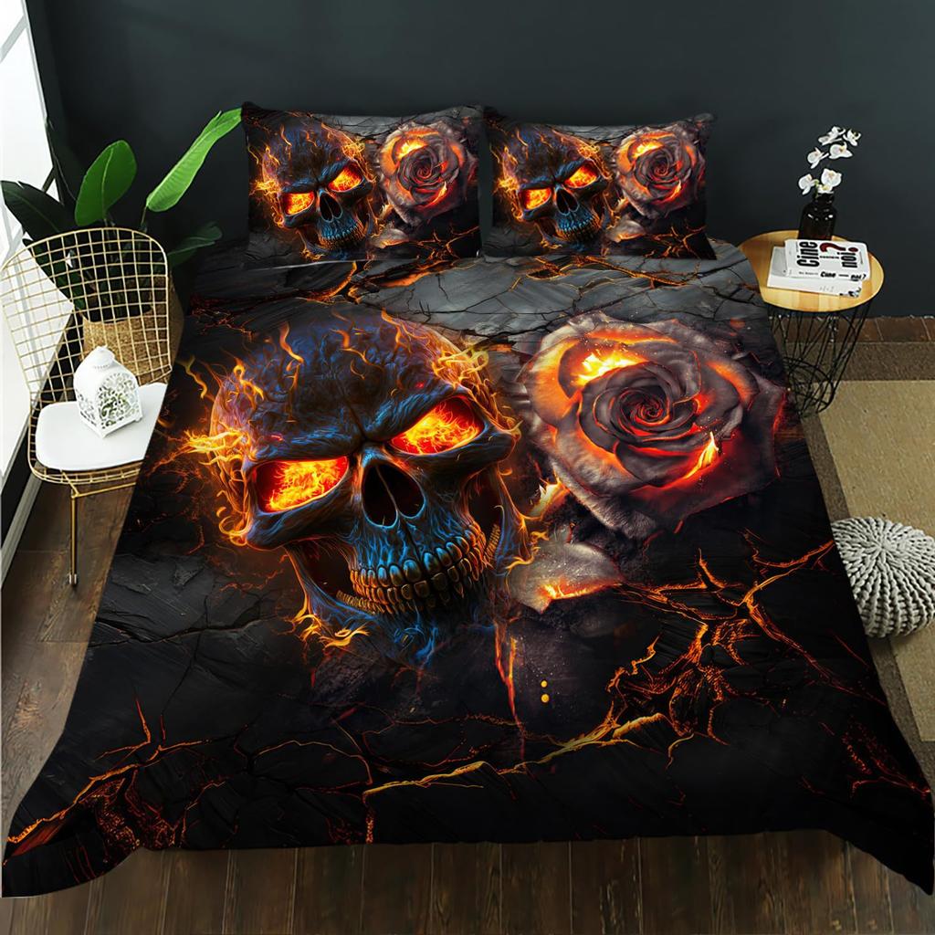 Gothic Skull Duvet Cover Set Queen Size Black And White Skull Bedding Set For Boys Teens Men Retro Floral Comforter Covers Set