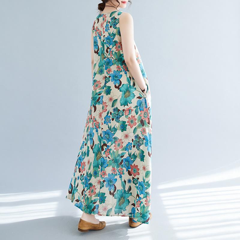 Summer Loose Cotton Linen Printed Round Neck Sleeveless Dress for Women Mid To Long Length Casual Dresses