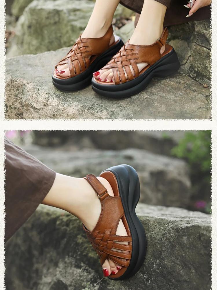 Johnature Genuine Leather Retro Woven Thick Soled Sandals Versatile Height Increasing Roman Women's Shoes