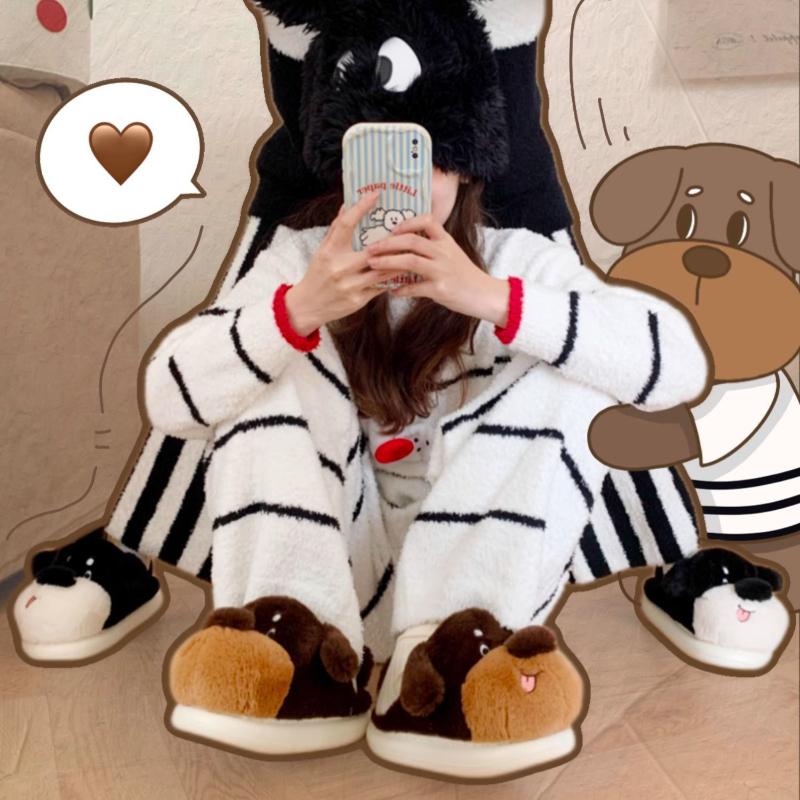 Fashion Cute Cartoon Dog Winter Fluffy Slippers For Women Men Home Floor Cotton Shoes Soft Faux Fur Couples Indoor Funny Slipper