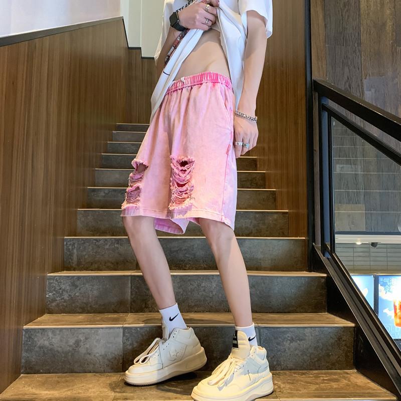 New pink ripped denim shorts men's summer casual fashion five-point pants