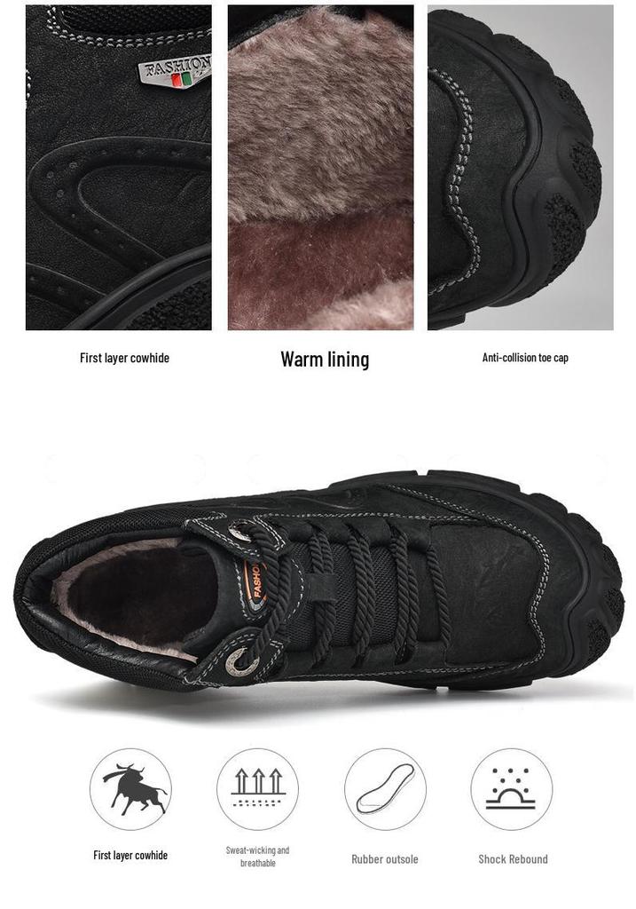 Men's Winter Cowhide Martin Boots with Thick Soles and Plus Velvet Lining for Snow and Outdoor Mountaineering