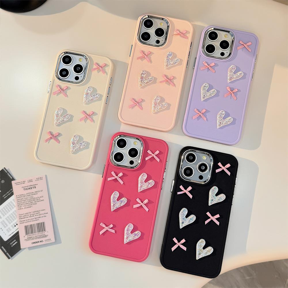 Pink Love Bow 17promax Mobile Phone Case Iphone16 Electroplated Stereo 11 Suitable for Apple High-quality Mobile Phone Case