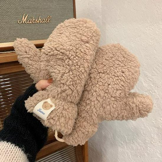 Cute Bear Plush Women's Winter Cycling Halter Neck Gloves - Warm, Thickened, Plus Velvet Cotton.