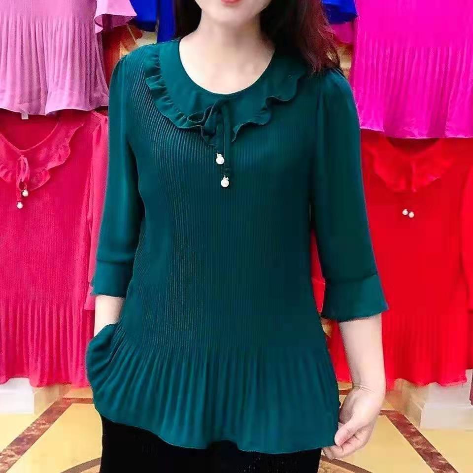 Women Summer Three-quarter Ruffle Sleeves Tops Female Lace Round Neck Blouse Shirt Middle Aged Mother Loose Solid Chic Blouses