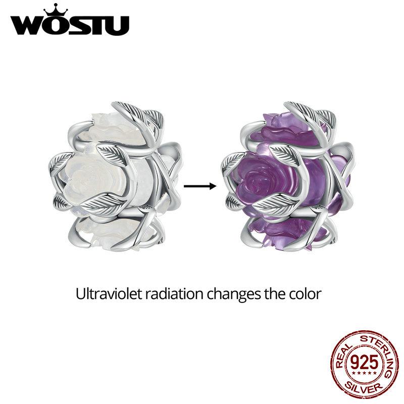 WOSTU 925 Sterling Silver Roses & Moon Dragonfly Charm Four-leaf Clover Beads for Women Girls Bracelet & Bangle DIY Jewelry