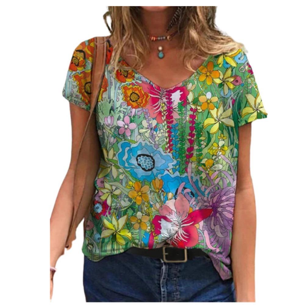 

Women s summer T-shirt fashion 3d plant print streetwear women s casual V-neck short-sleeved loose top T-shirt 2025 S