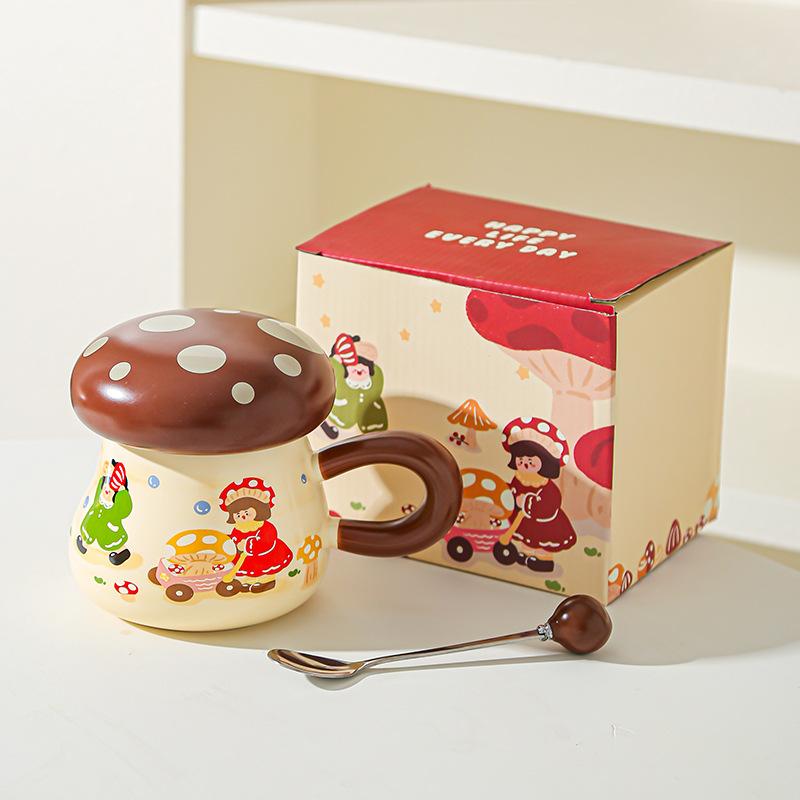 Hrnček Houbičková dívka Vysoce hodnotný suvenýrový dárek Roztomilý kreslený keramický hrnek s víčkem Velkokapacitní hrnek na pití