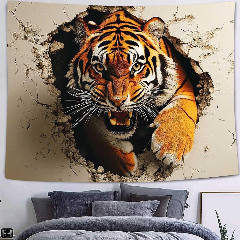 VIKAMA 3D Tiger Bursting Through Wall Tapestry  Perfect for Adding Dramatic and Bold Style to Any Room Decor Ideal for Home