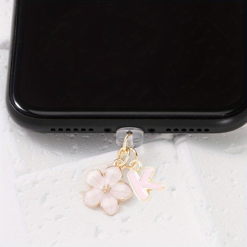 Fashionable Pink Flower Letter Phone Dust Plug, Exquisite A-Z Letter Alloy Pendant, Suitable As a Birthday Gift for Women