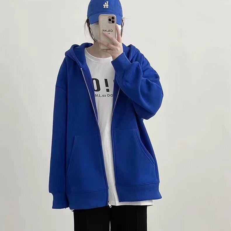 Women's Red Hooded Zip-Up Cardigan - New Year Battle Robe Style, Plus Velvet, Petite Loose Fit for Spring & Autumn