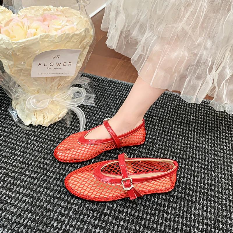 Round Toe One Buckle Strap Ballet Shoes Women's Summer New Flat Shoes Cutout Mary Jane Single Fishnet Shoes