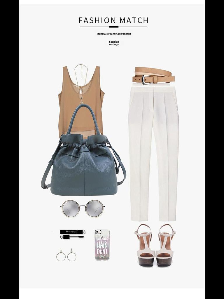 Women's Classic Fold Leather Bucket Bag: New Style, First Layer Cowhide, Trendy Solid Color Handheld Design