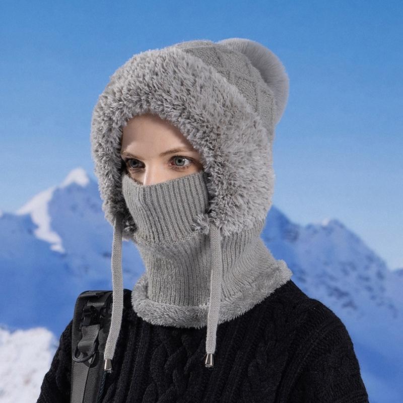 2in1 Winter Warm Ear Flap Scarf Hat Women Knit Hooded Balaclava Hat with Plush Liner Outdoor Activity Pullover Skull Hat