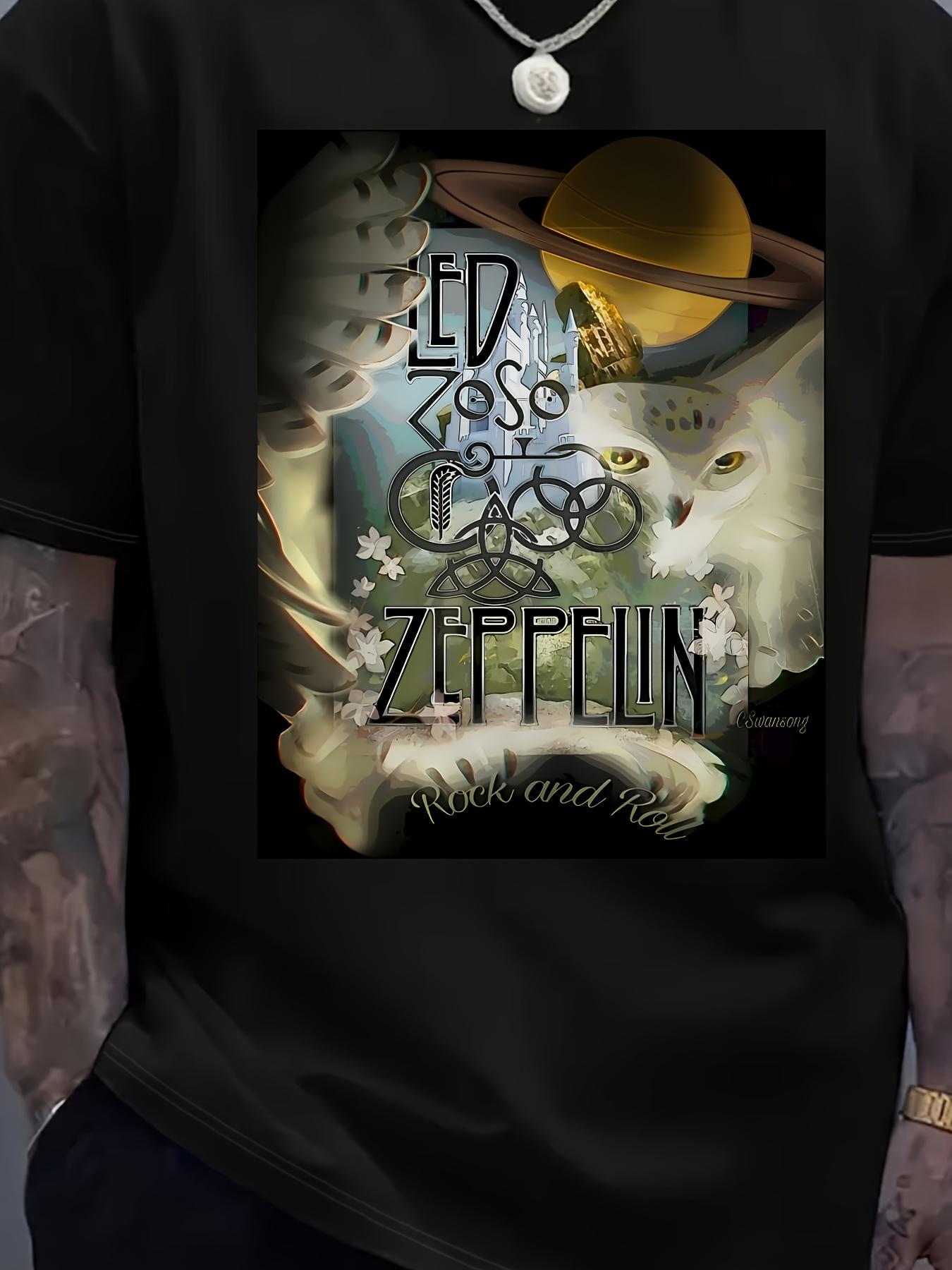 T-shirt LED Zeppelin Owl Graphic - Black Heavy Metal Band Inspired Tee with Glowing Eyes XL