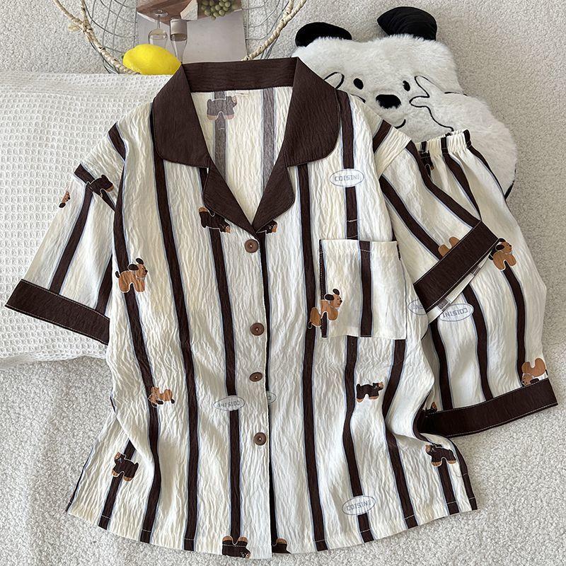 

ins wind pajamas women s summer cloud cotton cartoon striped puppy short-sleeved shorts dormitory student loungewear set M