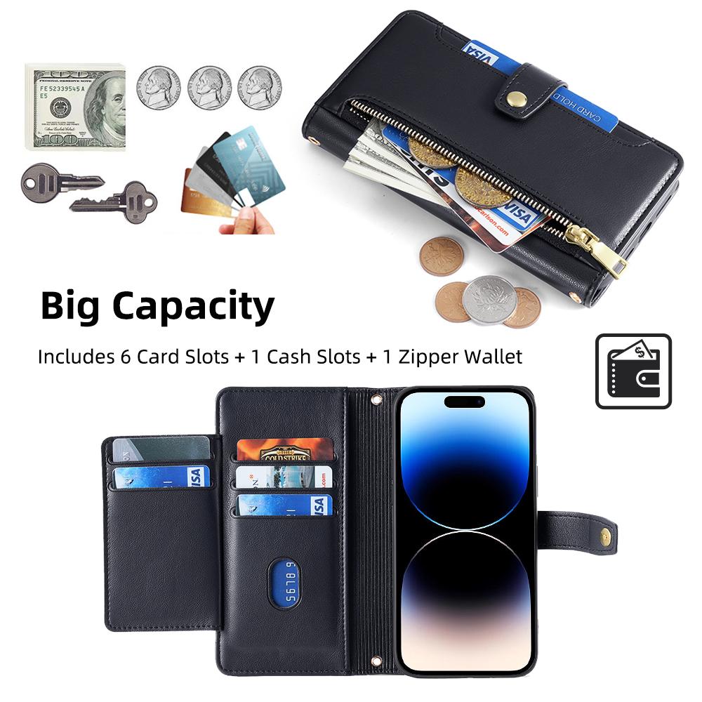 For iPhone 14 Pro Max PU Leather Stand Case Zipper Pocket Phone Cover with Wrist Strap and Shoulder Strap