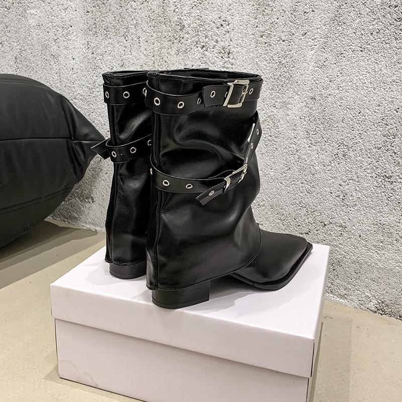 Fashion Autumn Vintage Thick Heel Women Western Cowgirl Boots Fashion Belt Buckle Ladies Elegant Slip On Mordern Mid Calf Booties
