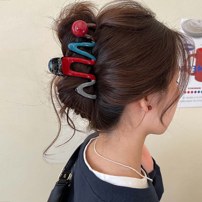 Rote Wellen-Haarklammer für Damen Koreanisch Süß Acrylperlen Große Haifischkralle Zopf Kopfschmuck Haaraccessoires