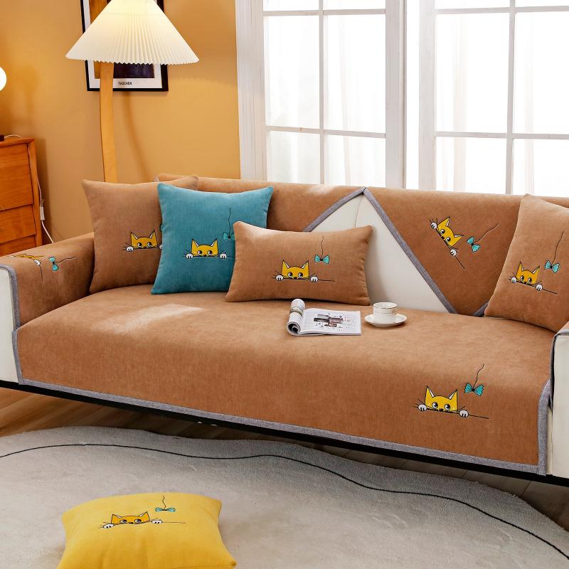 Chenille Kätzchen Bestickter Sofabezug Universal für Alle Jahreszeiten Anti-Katzenkratz Sofabezug Rutschfester Couchbezug Wohnzimmer