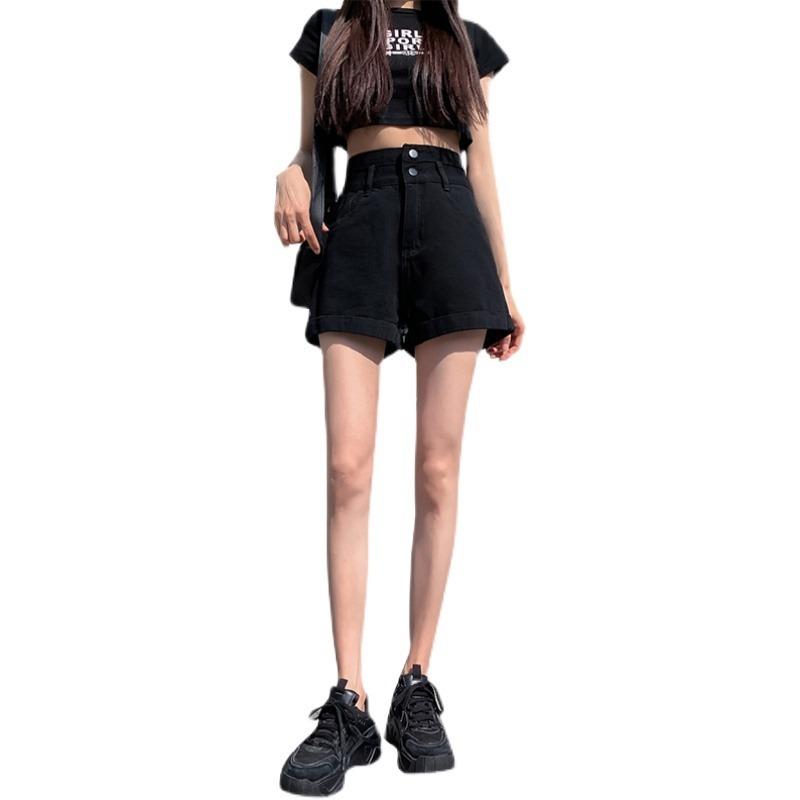 Skinny Fashionable Versatile Black Ultra-high-waist Denim Shorts Female Design Sense Double-button Loose Thin Outside Straight Rolled Wide-leg Pants