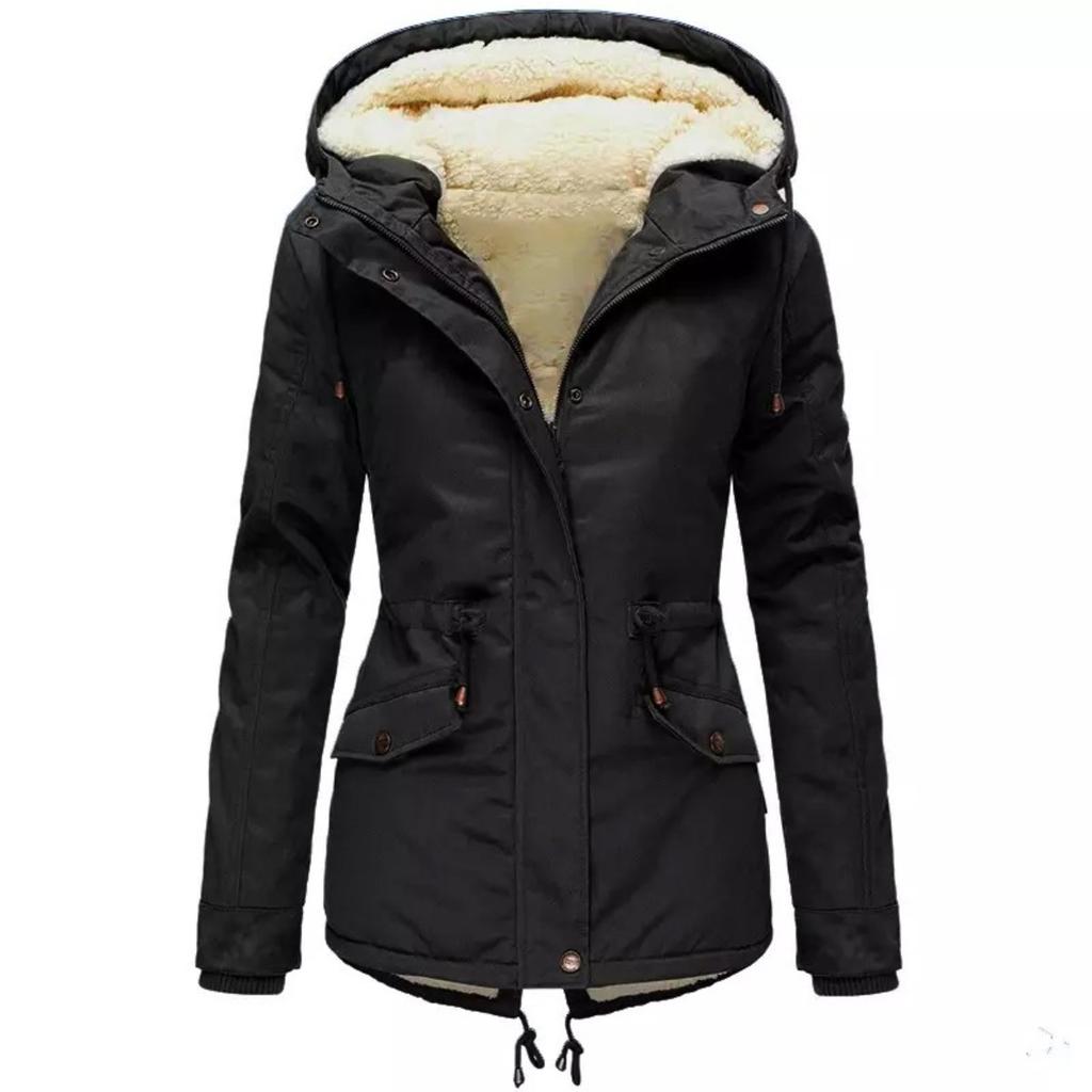 2025 Winter Women's Solid Color Hooded Parka Coat Thick Fleece Lined Cotton Jacket Outerwear