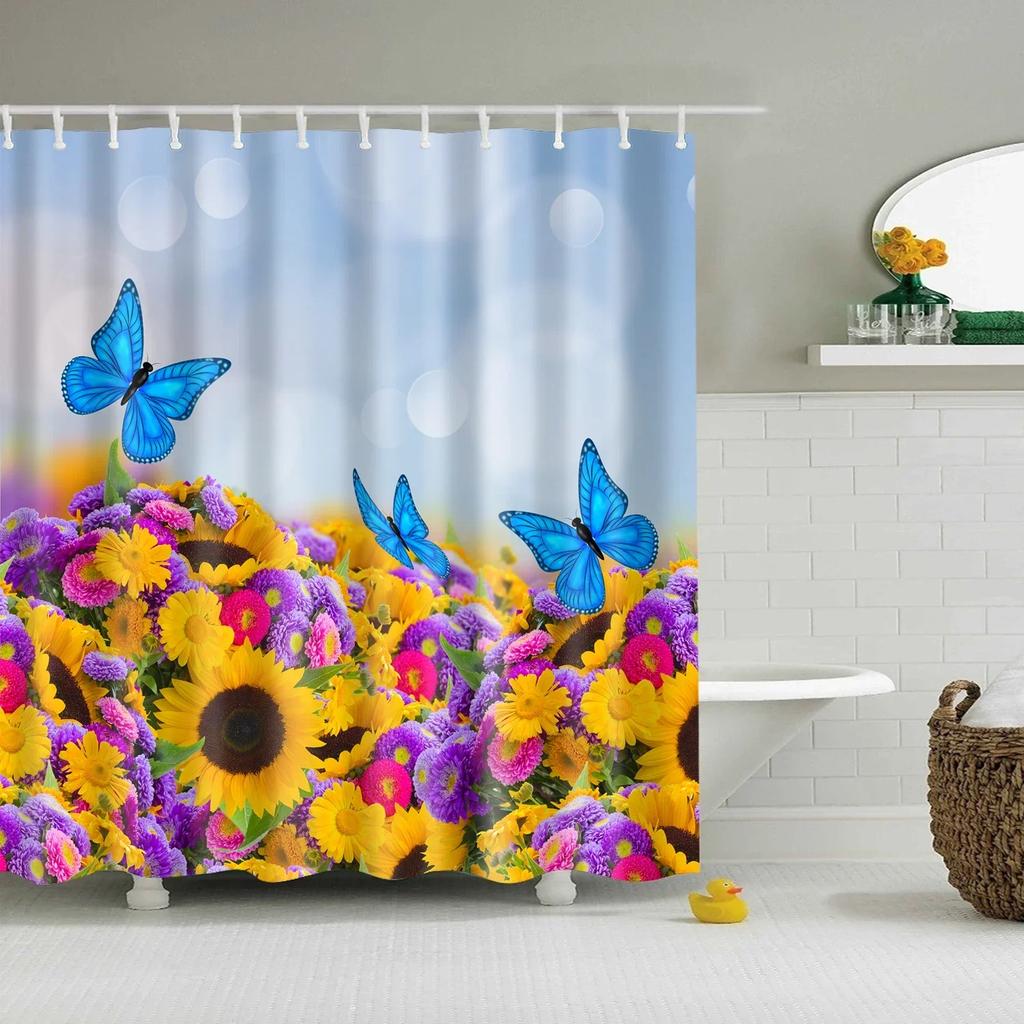 Tropical Green Plant Palm Leaves Bathroom Accessories Set Shower Curtain Bathroom Curtains Waterproof Polyester with Hooks