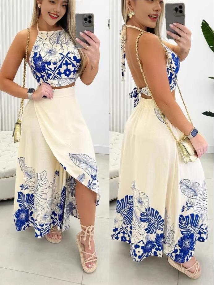 Sexy Tropical Print Halter Backless Long Dress Two-Piece Set for Women
