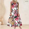 Women Plus Size Scoop Neck Sleeveless Tropical Leaf Printed Green A Line Long Dress