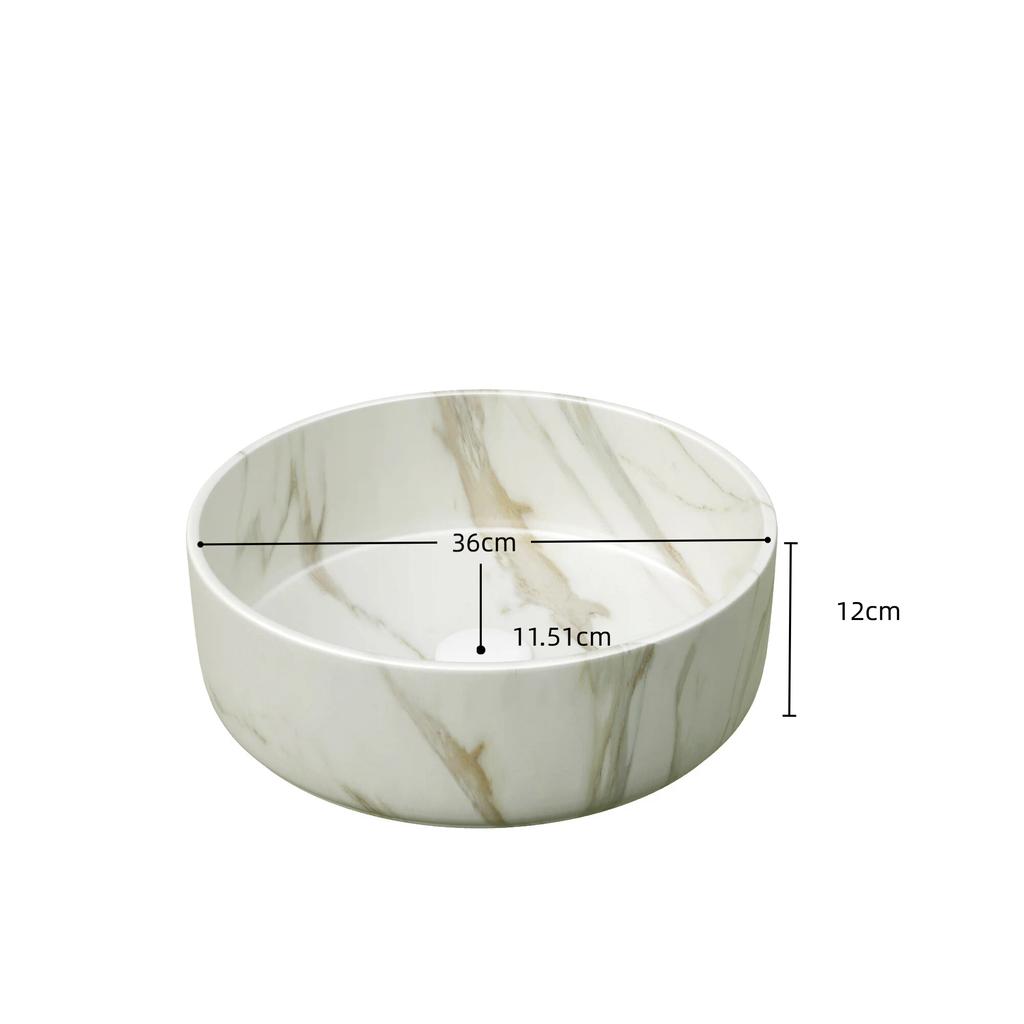 36cm Round Wash Bowl with Stone Grain, Basin Only, WITHOUT Faucet and Drain, WITHOUT Base Cabinet, Matte White