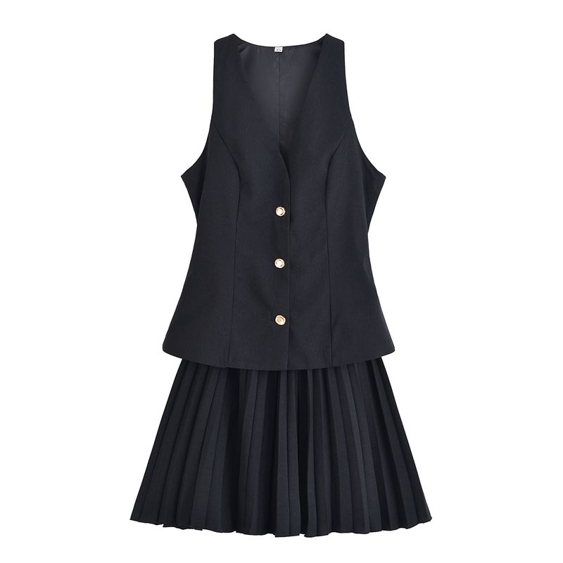 

Kaslead New Women clothes Western Style Fashion Simple Pleated Sleeveless Dress 0387063 Black L