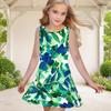 Girls Round Neck Sleeveless Tropical Leaf Printed A Line Flared Dress