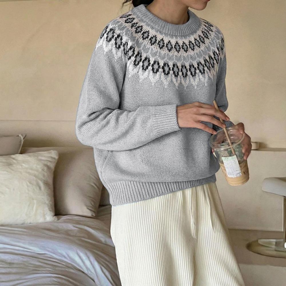 Women's Crew Neck Long Sleeve Sweater Regular Fit Casual Fair Isle Knit Pullover Top