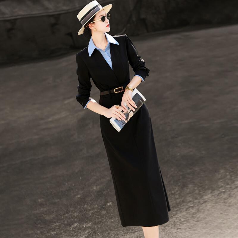 Lanser Elegant Faux Two-Piece Contrast Collar Midi Dress L