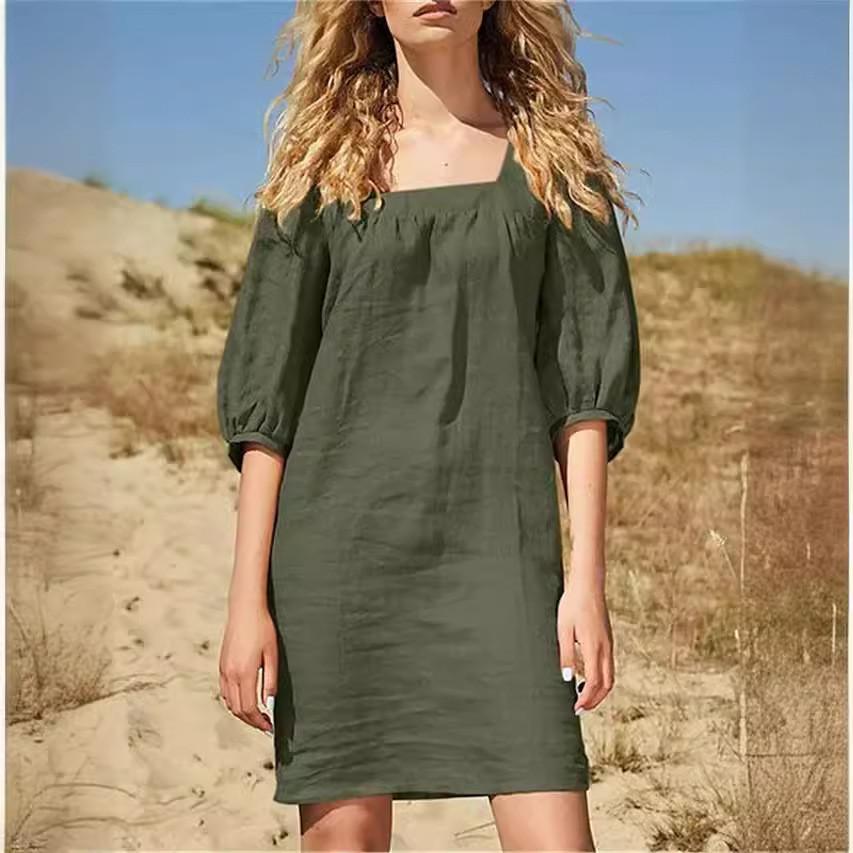 Cotton Linen French Collar Short Sleeve Dress For Casual Office Wear