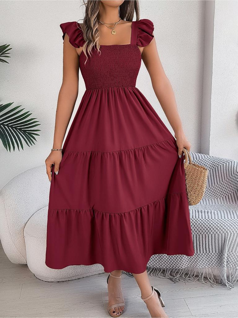 Square Neck Solid Color Dress High Waist Elegant Ruffle Edge Dress for Women Sleeveless Loose Dresses Causal Dress
