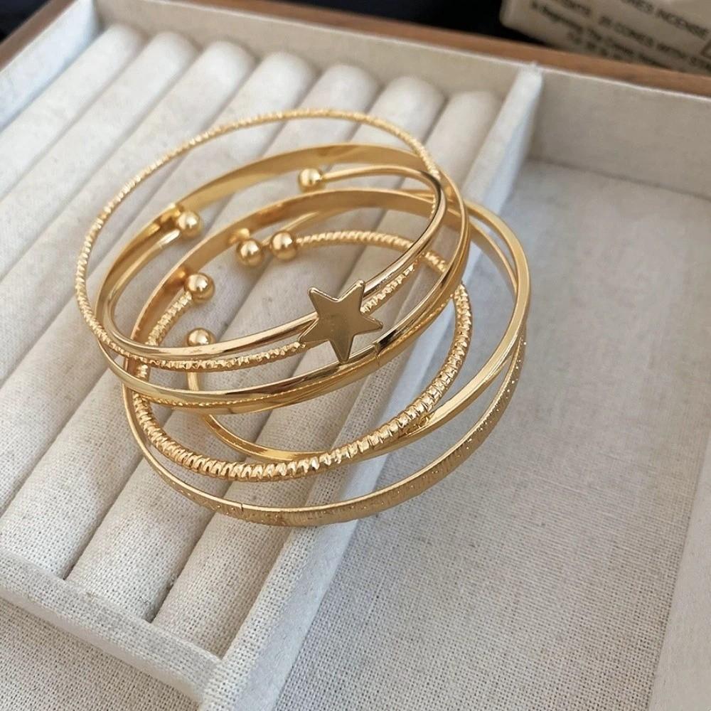 

6Pcs/7Pcs Europe American Style Cuff Bangles Kit Gold Silver Exaggerated Bracelet Decoration 6.9cm Gold 6PCS