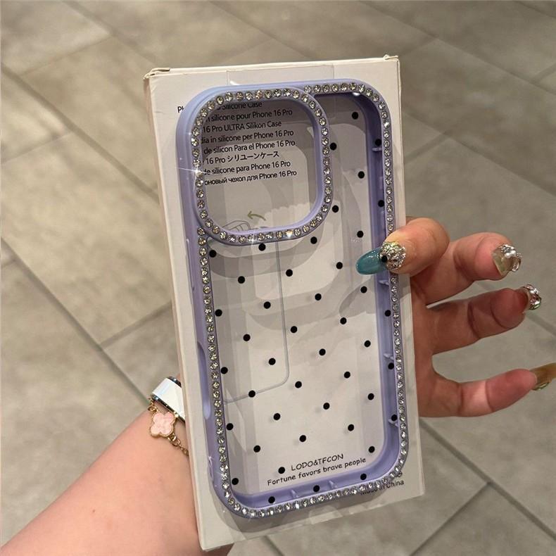 Husă iPhone 17 Pro Max Stil Coreean cu Buline Strălucitoare și Strass-uri