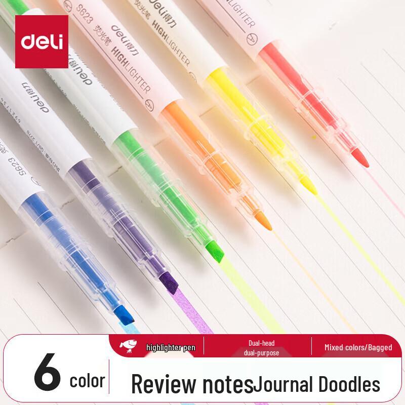Deli S627 Dual-Tip Highlighter Pens, 6-Pack