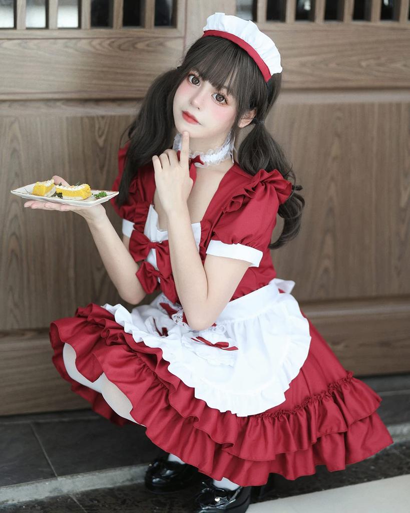 Milky Time Women's Lolita Maid Cosplay Dress, Short Sleeves, Ribbon, 4 Colors (Red)