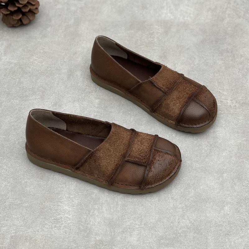 Johnature Handmade Loafers Genuine Leather Flats Retro Round Toe Soft Soled Cowhide Women's Slip-on Shoes