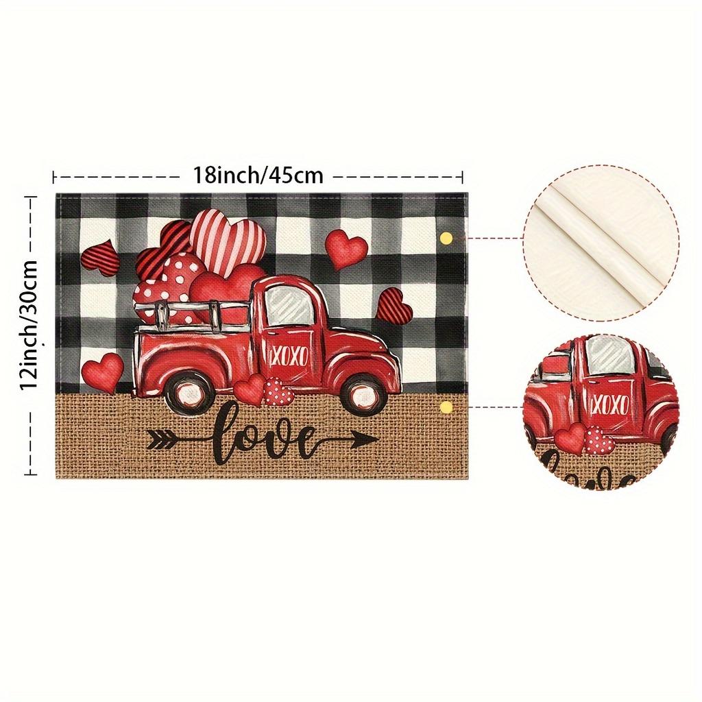 Black Red Buffalo Plaid Checkered Hearts Truck Heat Resistant Washable Table Placemats Kitchen Dining Decor 4 Piece Set