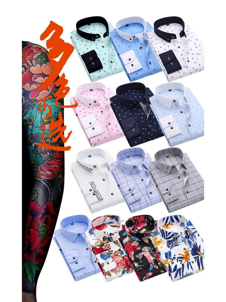Camisa Masculina de Manga Longa com Gola Turn-Down, Estampa Xadrez Floral, Corte Slim.
