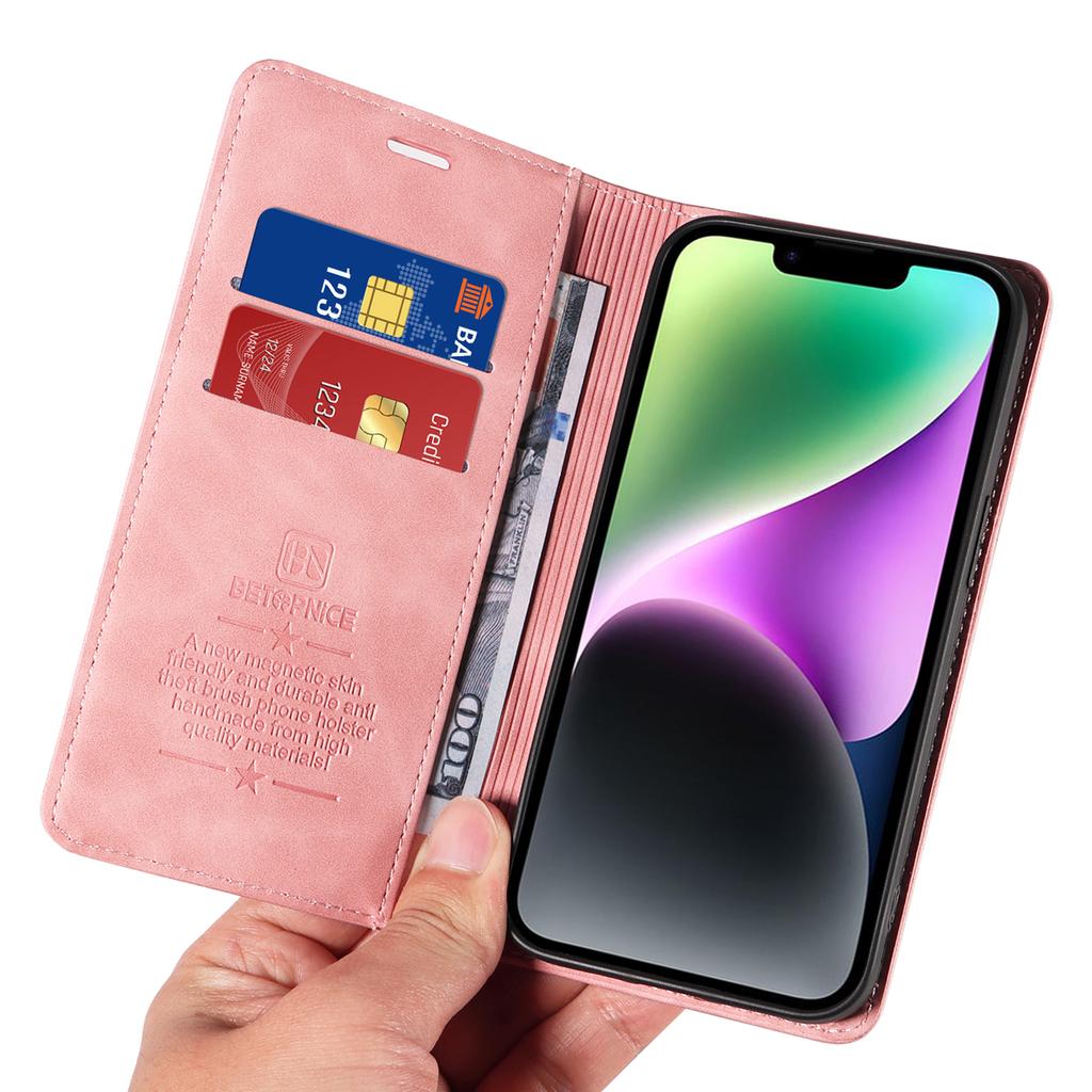 BETOPNICE 003 Do iPhone'a 15 W pełni owinięte etui z PU z blokadą RFID, portfelem i podstawką