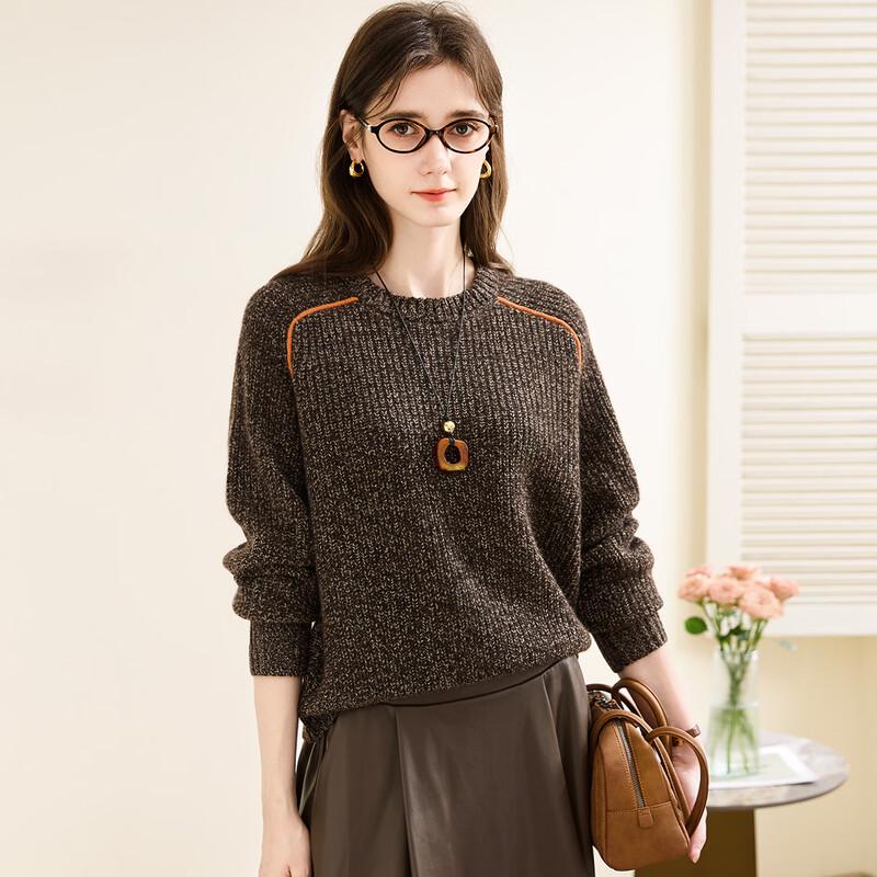 TUHUANG Women's Loose Fit Thickened Pure Cashmere Round Neck Sweater