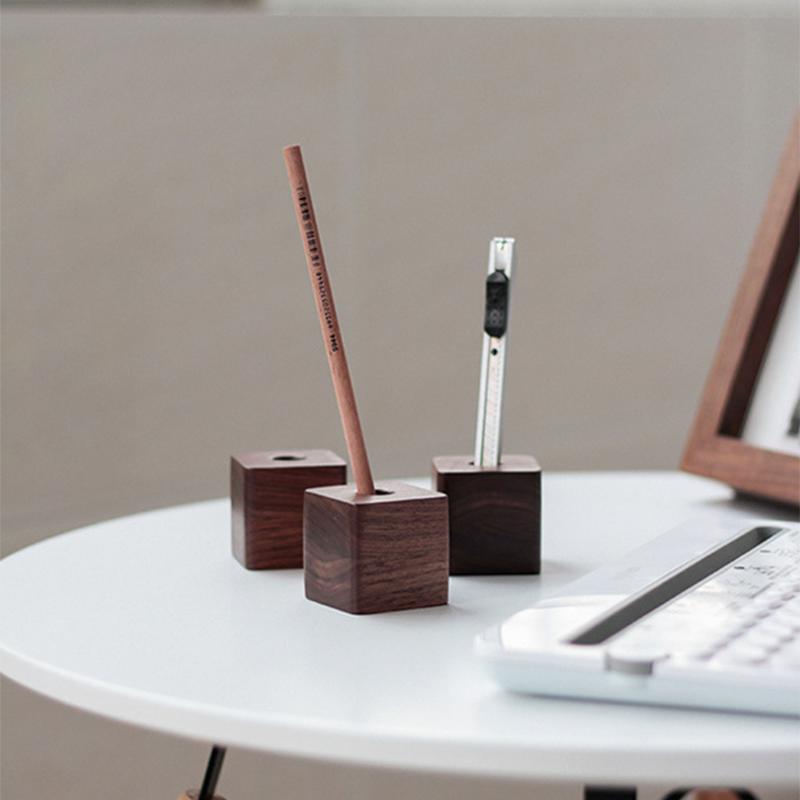 1pc Walnut Wood Beech Pen Holder Pen Container For Desk Stationery Storage Creative Square Shape Pen Hole Pencil Slot Pencil Stand