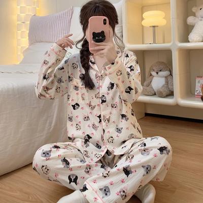 Cute Cat Print Women Pajama Lapel Button Design Sleepwear for Sleeping Casual Autumn Winter New Pajamas Set for Women